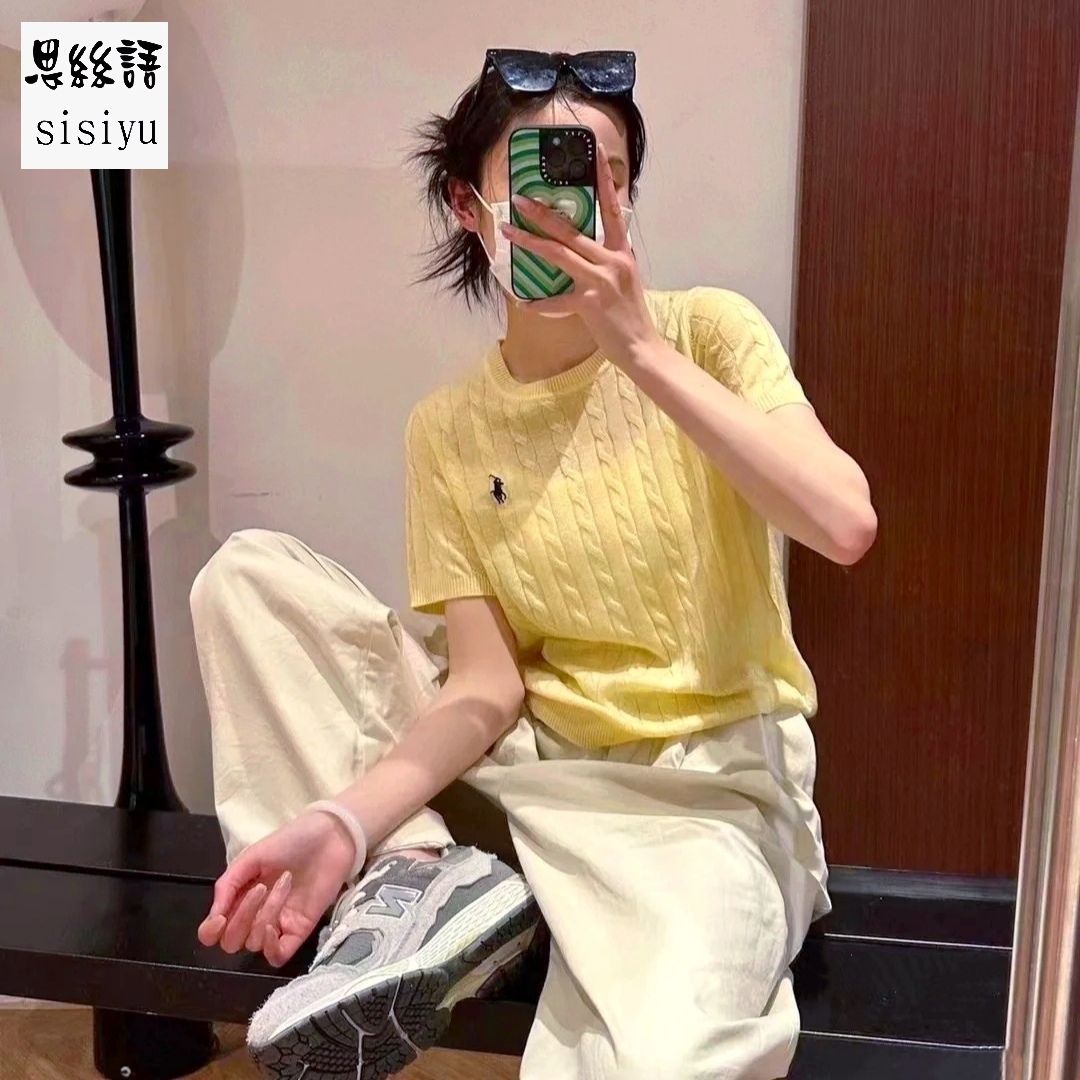 韩系简约气质刺绣小马针织短袖女 时尚百搭麻花冰丝上衣减龄T恤潮