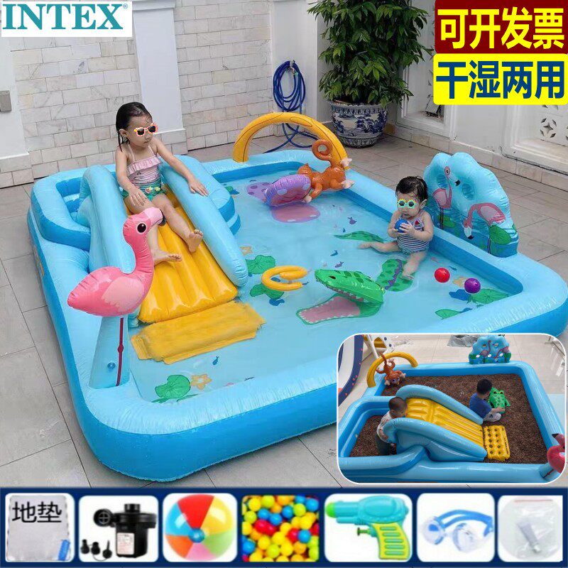 正品intex加厚室内大号充气小宝宝糖果滑梯西瓜玩具城堡喷水泳池