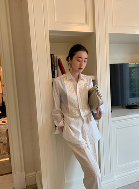 A Bow |Zui美珠光薄雾仙气缎面拼接白色衬衫女高级感小众长袖上衣