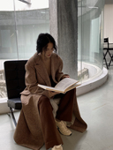 设计师定制限量复古宝石鱼骨纹长款 Bow 粗纺羊毛大衣外套女