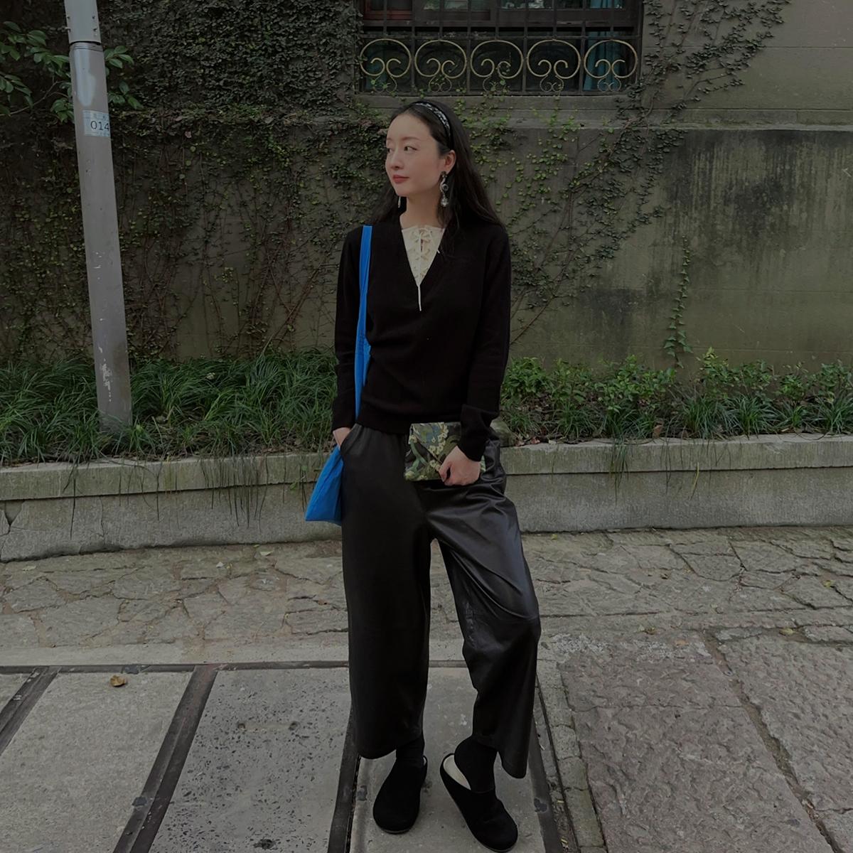 ABow2024|拼接弧形九分皮裤