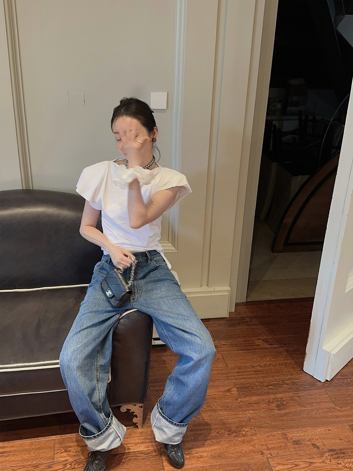 a bow 2023| 21s宝贝精绒100%棉平绒刷毛不对称垫肩飞袖针织上衣