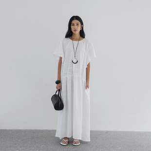 知识分子定织荷叶袖 「初秋」法式 2025 型宽松亚麻连衣裙 Bow