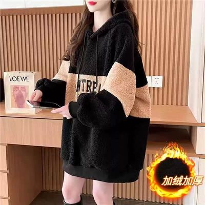 特大码300斤秋冬加绒加厚连衣裙女羊羔绒上衣遮屁股连帽卫衣裙子