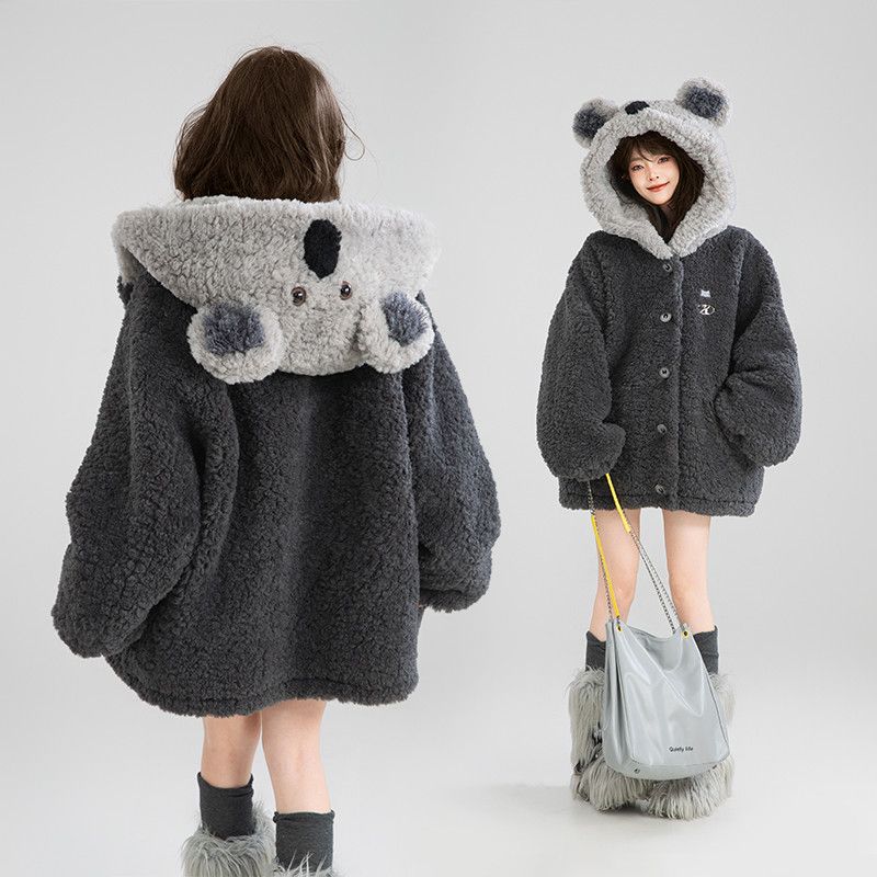 秋冬大码300斤设计感连帽羊羔毛外套胖mm宽松保暖毛绒棉服大衣ins