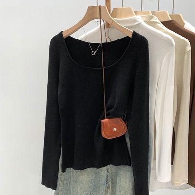 大码200斤胖mm正肩方领长袖t恤春秋季新款百搭遮肉显瘦打底衫上衣