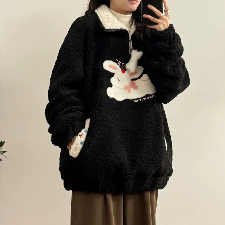 特大码300斤卡通趣味加厚羊羔绒卫衣胖MM秋冬宽松百搭半拉链上衣