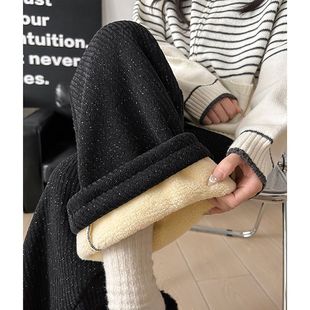 秋冬大码300斤特厚羊羔绒亮丝雪尼尔阔腿裤情侣遮肉保暖休闲裤子