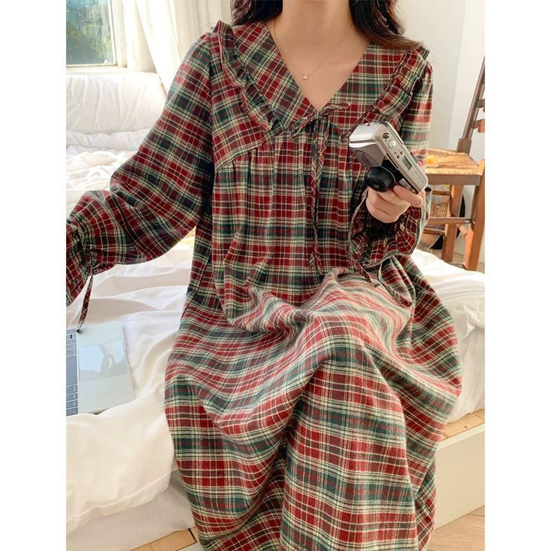 特大码300斤甜美圣诞格子睡裙女春秋季宽松遮肉直筒家居服连衣裙