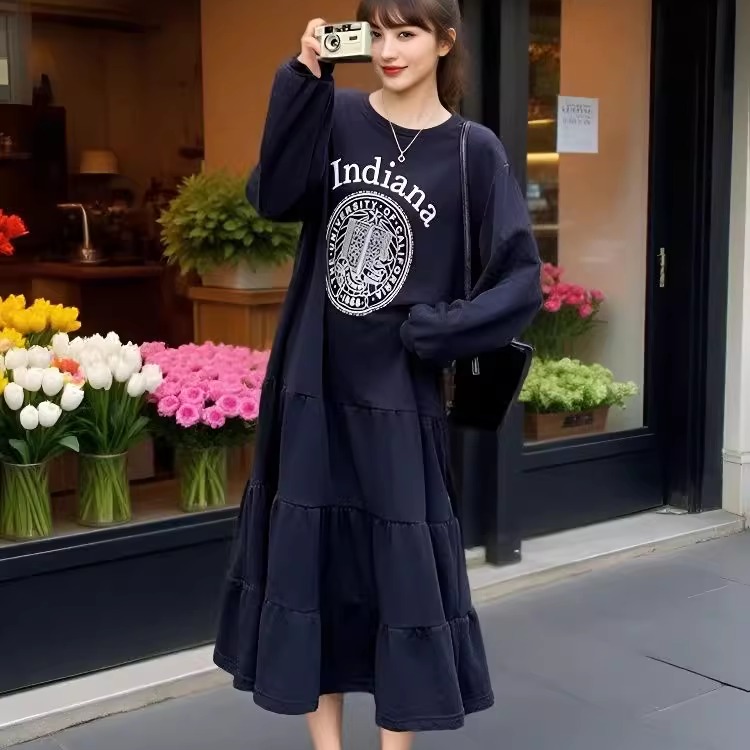 特大码300斤慵懒风印花卫衣连衣裙女胖M秋冬宽松遮肉显瘦长款裙子