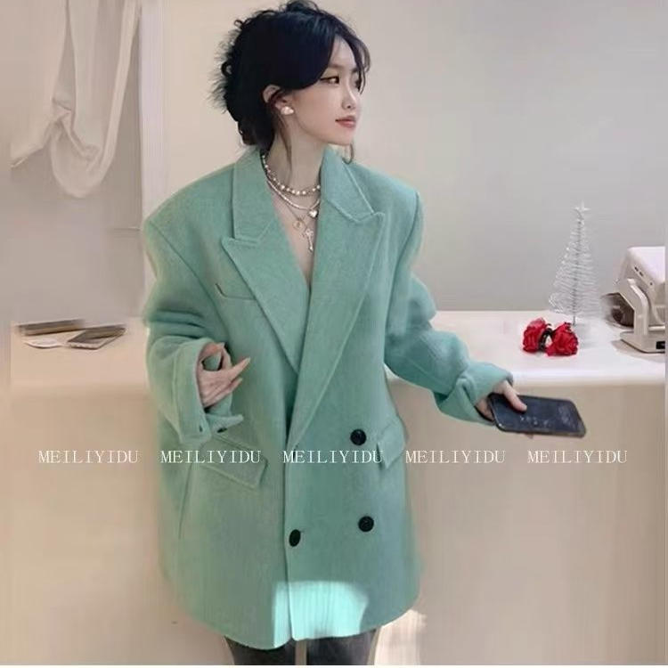 特大码小个子韩版气质高级感西服外套女秋冬款宽松中长款毛呢大衣