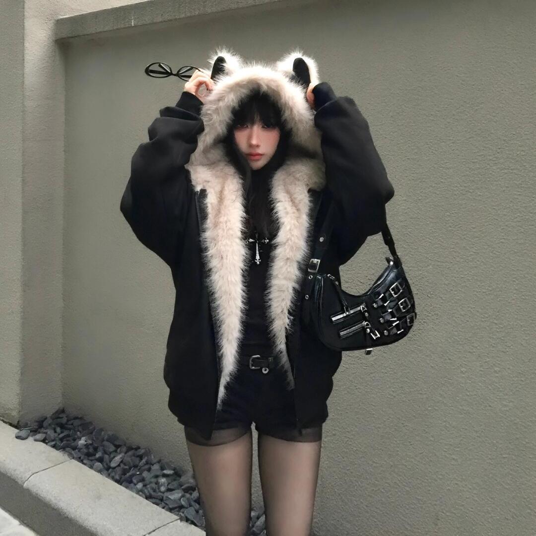 微胖大码300斤加绒座山雕毛领猫耳朵棉服外套秋冬加厚保暖棉衣潮