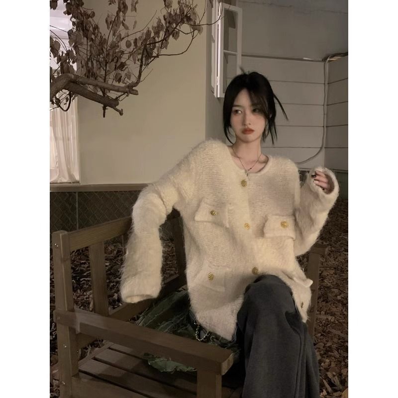 大码时尚高级小香风毛衣外套女秋冬300斤胖m宽松显瘦开衫针织上衣