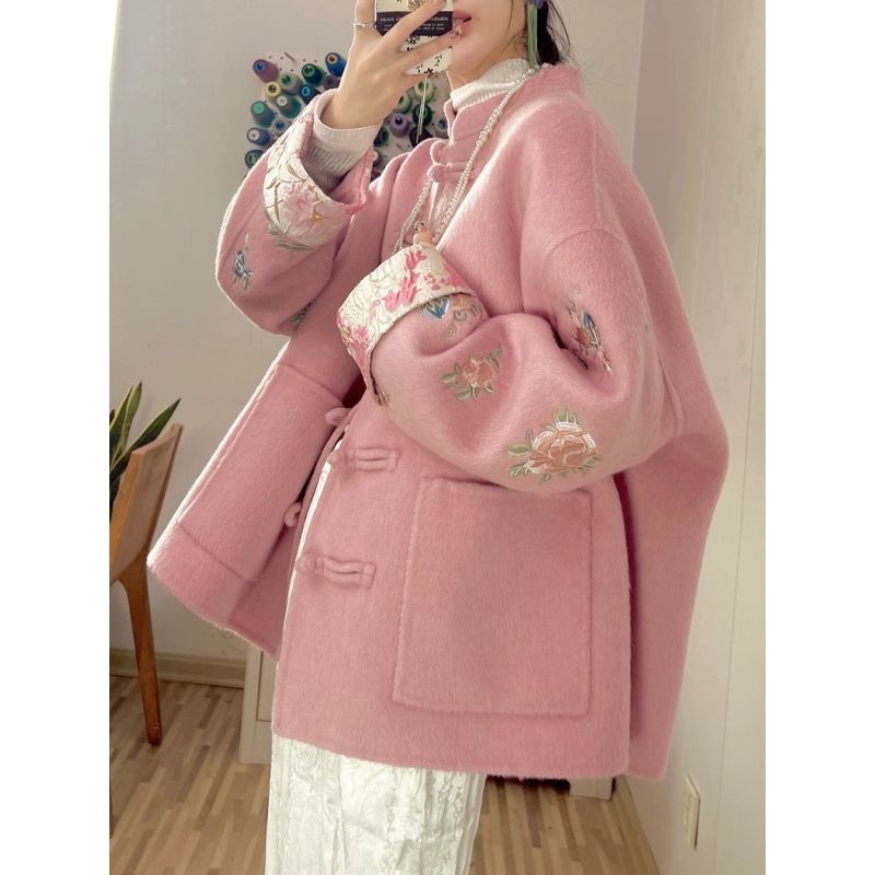 新中式大码300斤中国风时尚气质刺绣外套女秋冬新款唐装盘扣上衣2