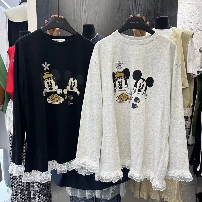 大码300斤韩国卡通米奇宽松长袖T恤女胖mm秋冬季遮肚显瘦打底上衣