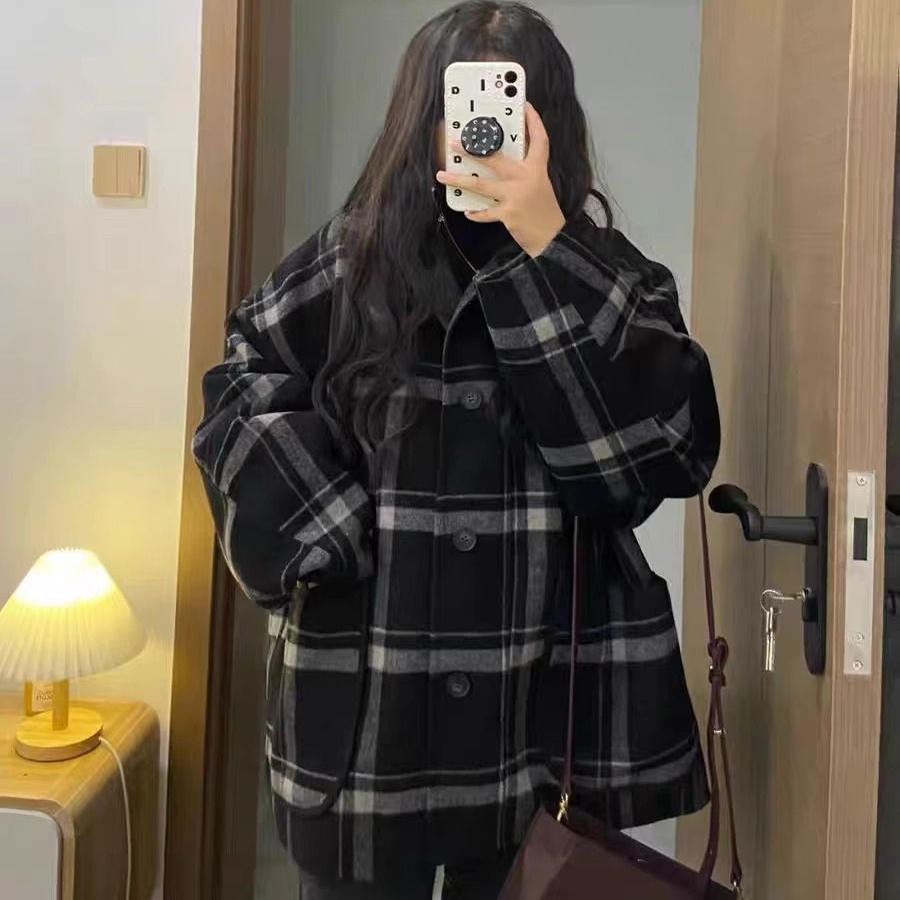 特大码韩版格子毛呢大衣女秋冬季加绒加厚宽松复古气质呢子外套潮
