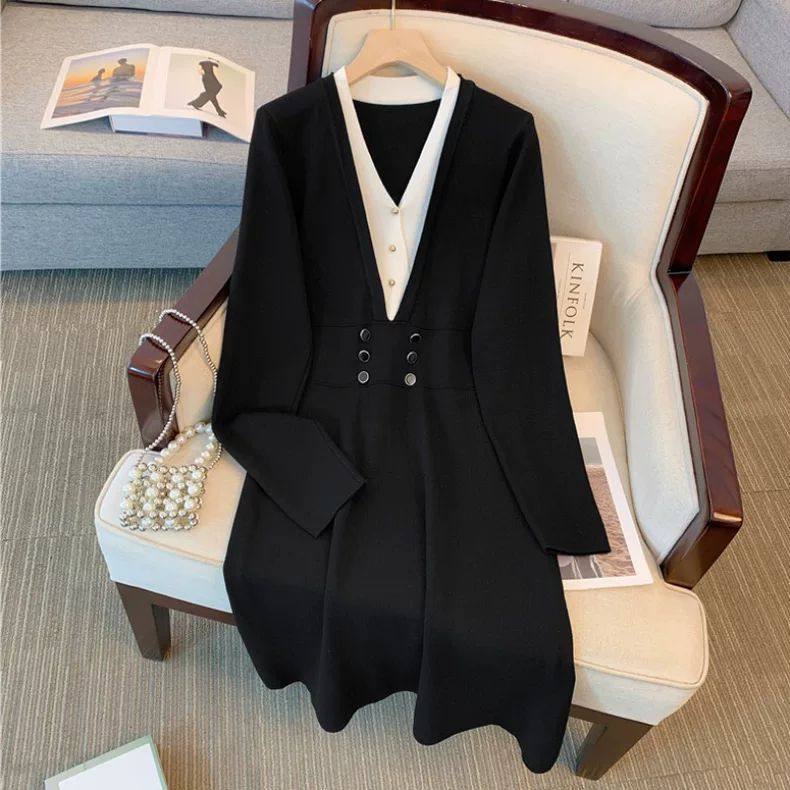 大码胖MM300斤法式V领假两件针织裙2026新款高级感显瘦气质连衣裙,女装/女士精品,连衣裙,淘宝优惠券,粉丝福利购,淘宝优惠卷