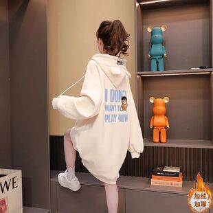 特大码300斤小熊刺绣减龄中长款卫衣裙胖MM秋冬季加绒加厚连衣裙
