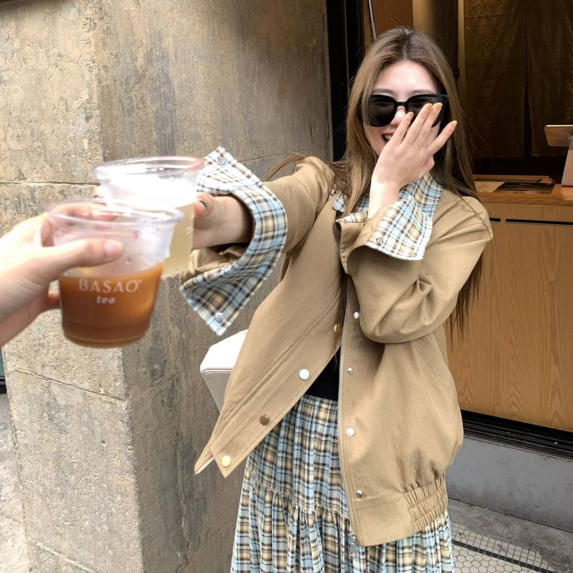 大码300斤复古拼接格纹夹克外套男女同款设计感时尚百搭宽松上衣