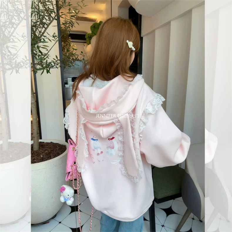 超大码300斤可爱兔耳朵连帽卫衣外套女春秋甜美减龄宽松开衫上衣