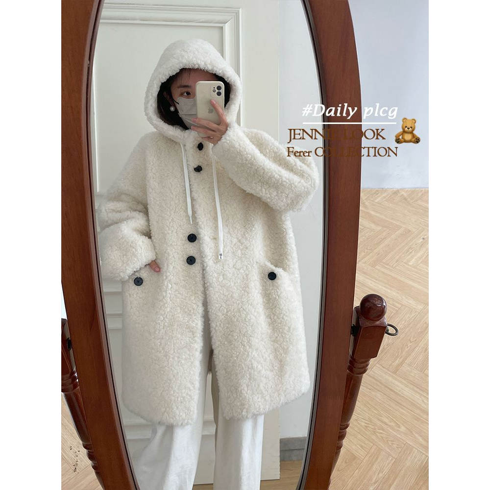 秋冬大码羊羔毛绒连帽外套女300斤宽松加厚保暖中长款开衫大衣ins