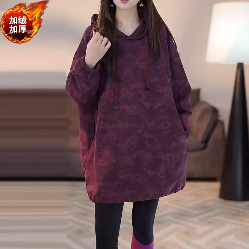 胖MM特大码300斤秋冬加绒加厚连帽卫衣裙子中长款遮臀迷彩连衣裙