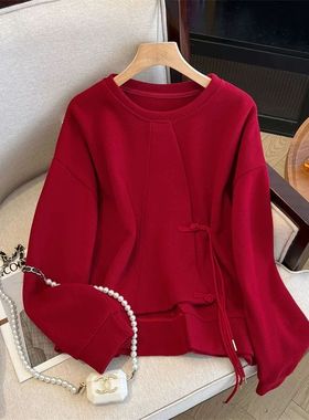 加大码300斤新中式国风长袖圆领卫衣秋冬新款本命年红色打底上衣