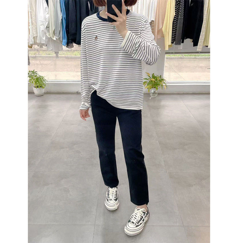 欧洲站 条纹长袖薄款细羊毛混纺套头针织衫 休闲刺绣圆领打底上衣