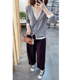 2024秋 AMORELLA天丝羊毛混纺假两件套V领撞色薄针织开衫休闲上衣