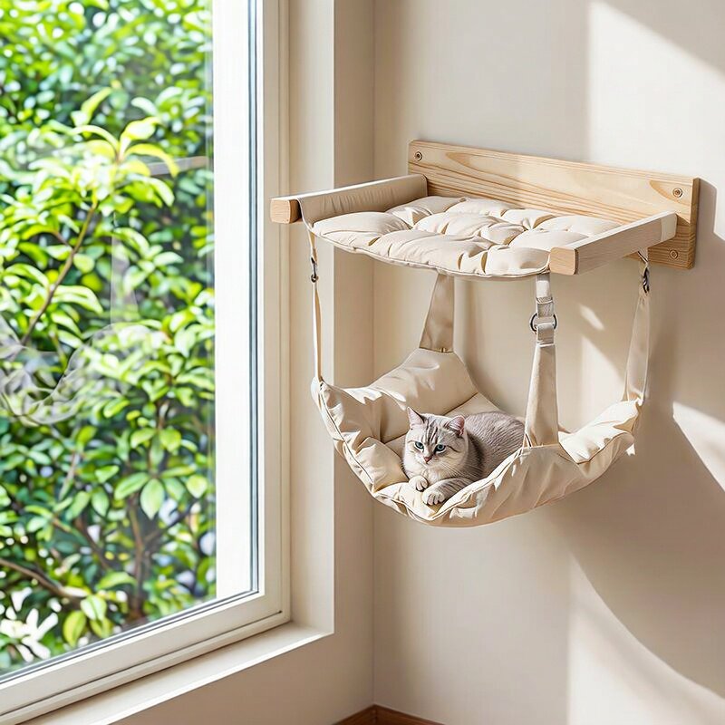出口日本木质猫爬架实木猫吊床壁挂式猫窝一体猫咪玩具晒太阳观景