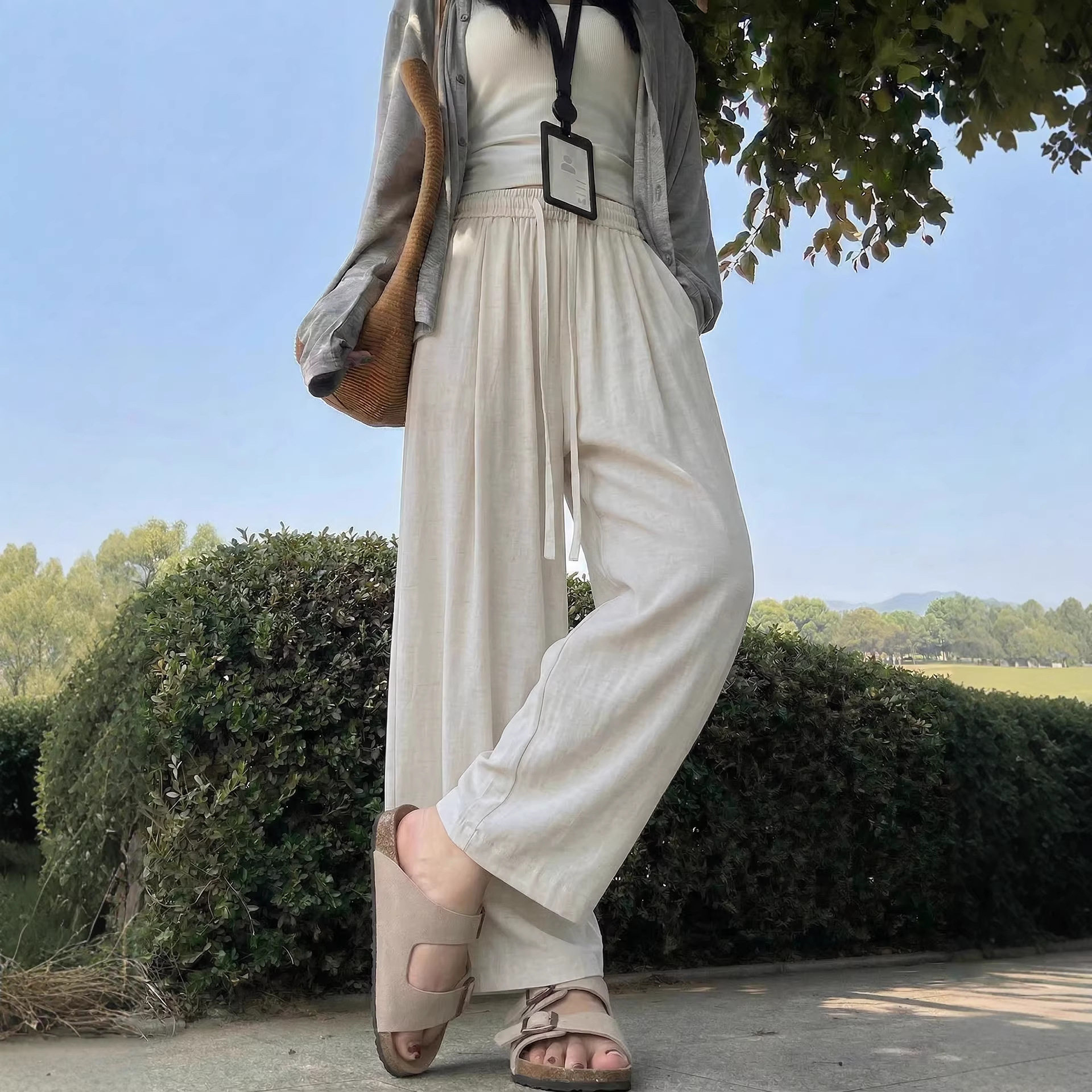 白色天丝亚麻裤子女2026新款春夏季垂坠感老钱风小个子直筒阔腿裤