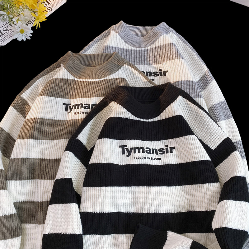 M862-P55条纹毛衣男ins港风chic复古上衣秋冬圆领套头针织衫休闲，男装针织衫/毛衣，电商D310（原电商305）