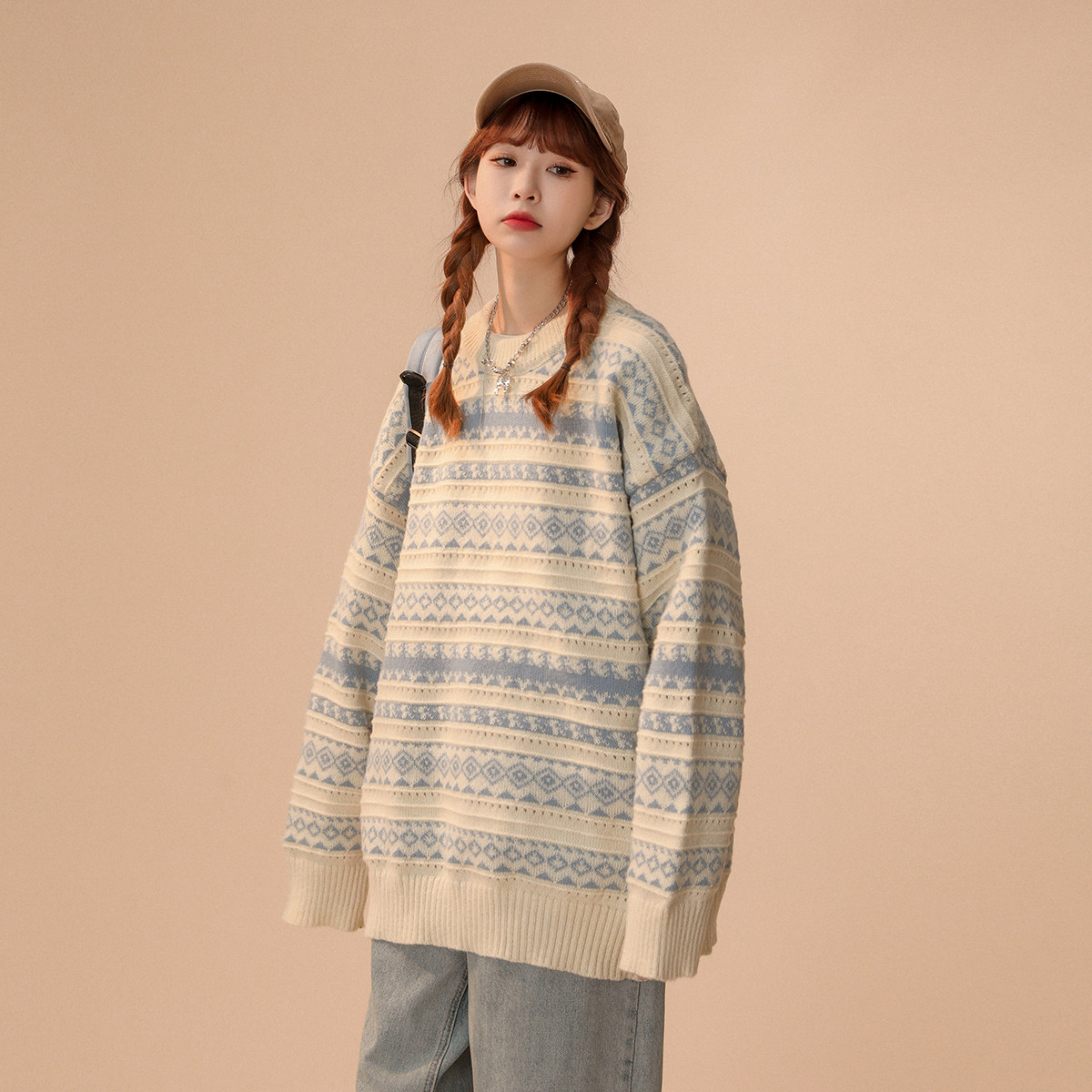 M868-P55潮牌ins港风毛衣男春秋季设计感休闲宽松大码复古针织衫，男装针织衫/毛衣，电商D310（原电商305）