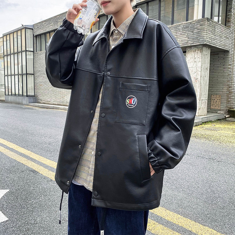 JK285-P100机车款皮衣男宽松帅气韩版2022春秋港风摇滚夹克外套图片