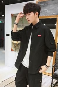 C877男士春季日系潮流宽松工装男款衬衣休闲黑色长袖衬衫图片