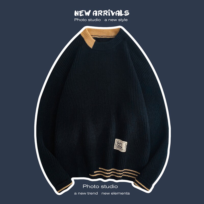 中性风MY139-P50撞色港风圆领毛衣男宽松针织衫外套学生打底衫线，男装针织衫/毛衣，电商D310（原电商305）