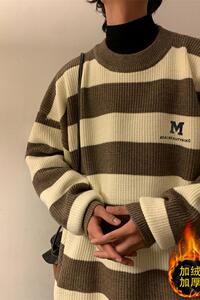 M853加绒-P65港风复古圆领毛衣男春秋冬季加绒加厚针织衫宽松图片