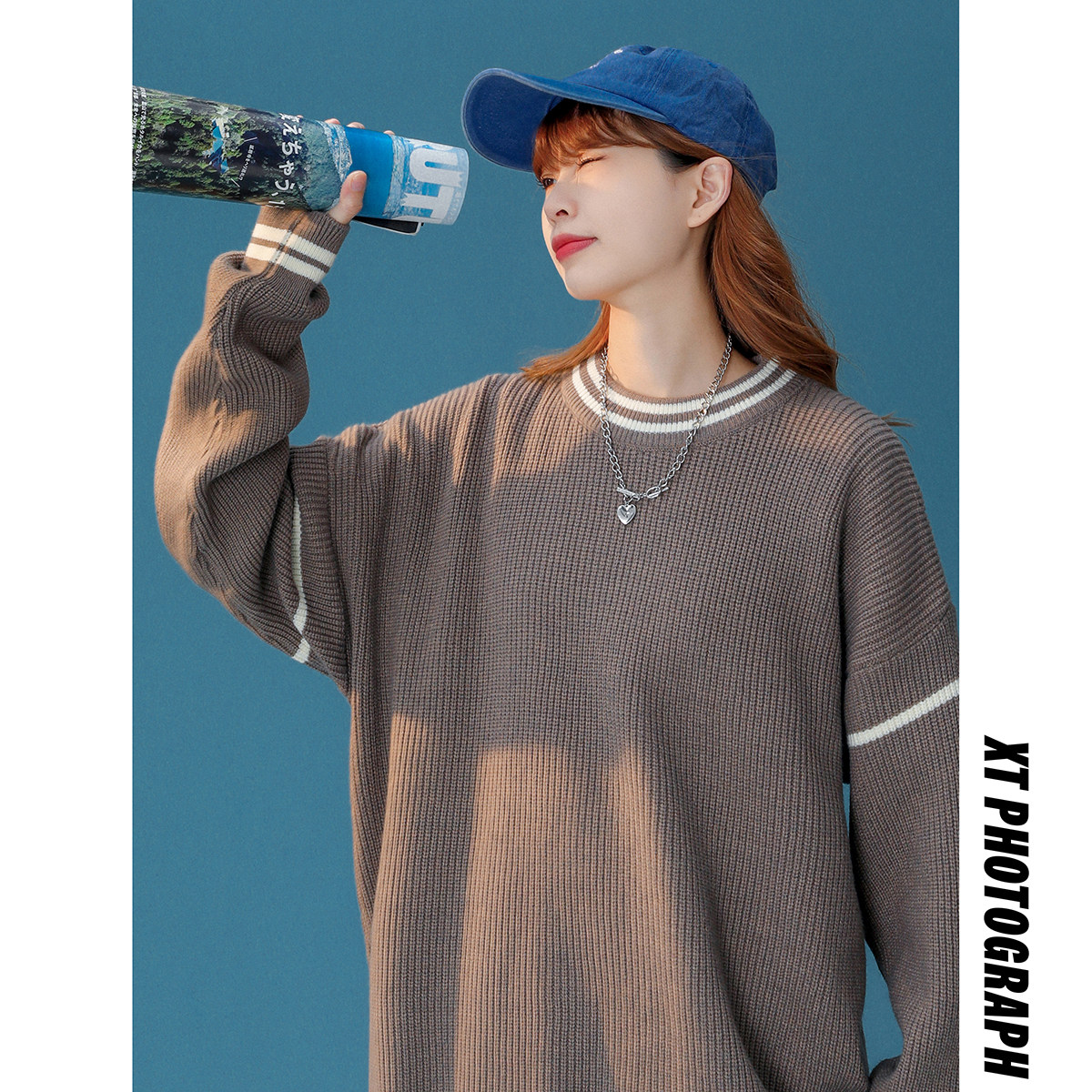 M858-P55圆领毛衣男秋冬加厚ins潮港风针织衫宽松慵懒风毛线衣，男装针织衫/毛衣，电商D310（原电商305）