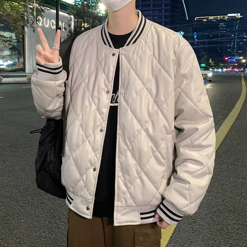 MY5818-P90棒球服棉衣男冬季加厚菱形格棉服外套男款美式PU皮棉衣图片