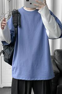 8521-P40假两件长袖T恤男韩版潮流新款宽松港风百搭卫衣男生图片