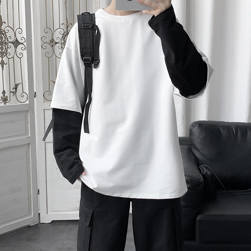 8521-P40假两件长袖T恤男韩版潮流新款宽松港风百搭卫衣男生，男装卫衣，电商D310（原电商305）