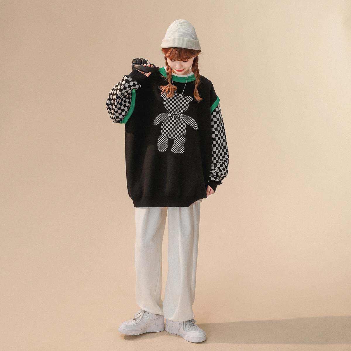 Y613-P60假两件毛衣男2022新款潮牌纯色情侣针织衫宽松圆领毛线衣，男装针织衫/毛衣，电商D310（原电商305）