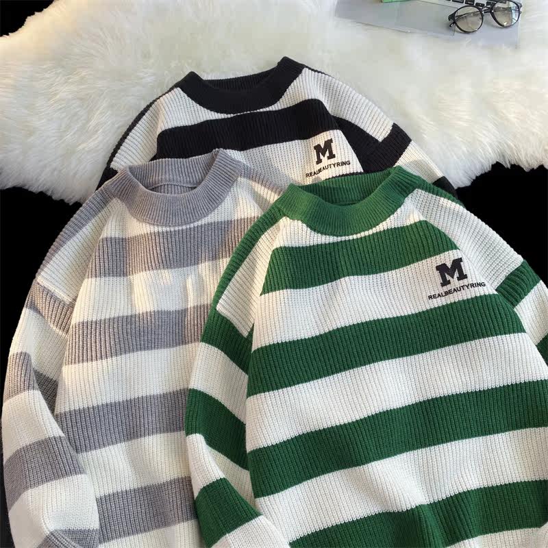 M853-P55日系宽松慵懒风毛衣男2022秋冬季条纹针织衫港风宽松，男装针织衫/毛衣，电商D310（原电商305）