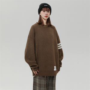 M890-P55百搭针织衫条纹圆领宽松毛衣开衫外套男女情侣装