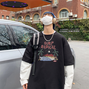D22-P45假两件无帽卫衣男春秋ins潮牌早春圆领衣服2023春季,冬季搭配衣服技巧男图片