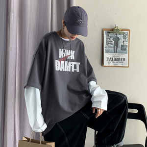 8513-P45假兩件長袖t恤男寬松春秋季衛(wèi)衣潮流百搭內(nèi)搭打底衫圖片