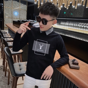 爆款6585-P68精神小伙假两件毛衣秋冬新款男士修身针织衫衬衫领图片
