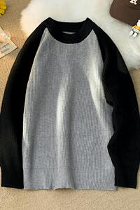 M886-P52潮牌撞色插肩袖毛衣男女秋季慵懒圆领针织情侣外套