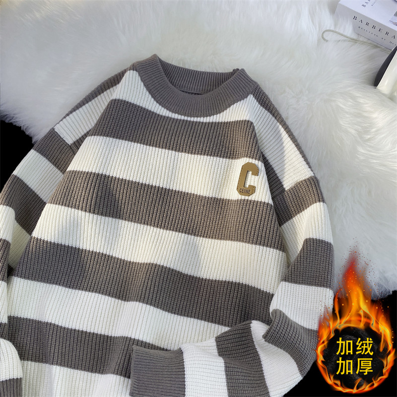 M855加绒-P65毛衣男士秋冬季潮牌ins港风日系宽松潮流加绒加厚，男装针织衫/毛衣，电商D310（原电商305）