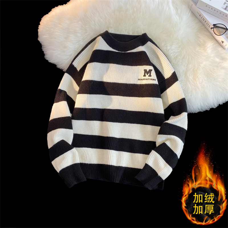 M853加绒-P65毛衣男士秋冬季新款宽松慵懒风针织衫港风加绒加厚，男装针织衫/毛衣，电商D310（原电商305）